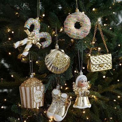 Shiny Gold Christmas Tree Pendant Cane Candy Plastic Santa Claus Hanging Ornaments Shatterproof Snowman Merry Christmas Decor