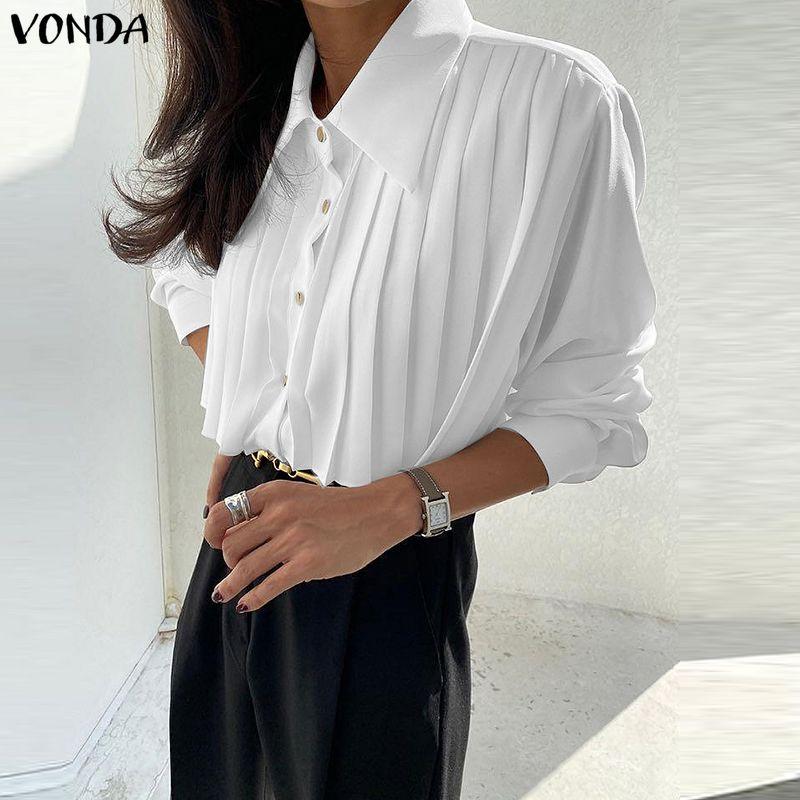VONDA Damen Lässig Umlegekragen Elegant Gerüscht Plissee Langarm Bluse