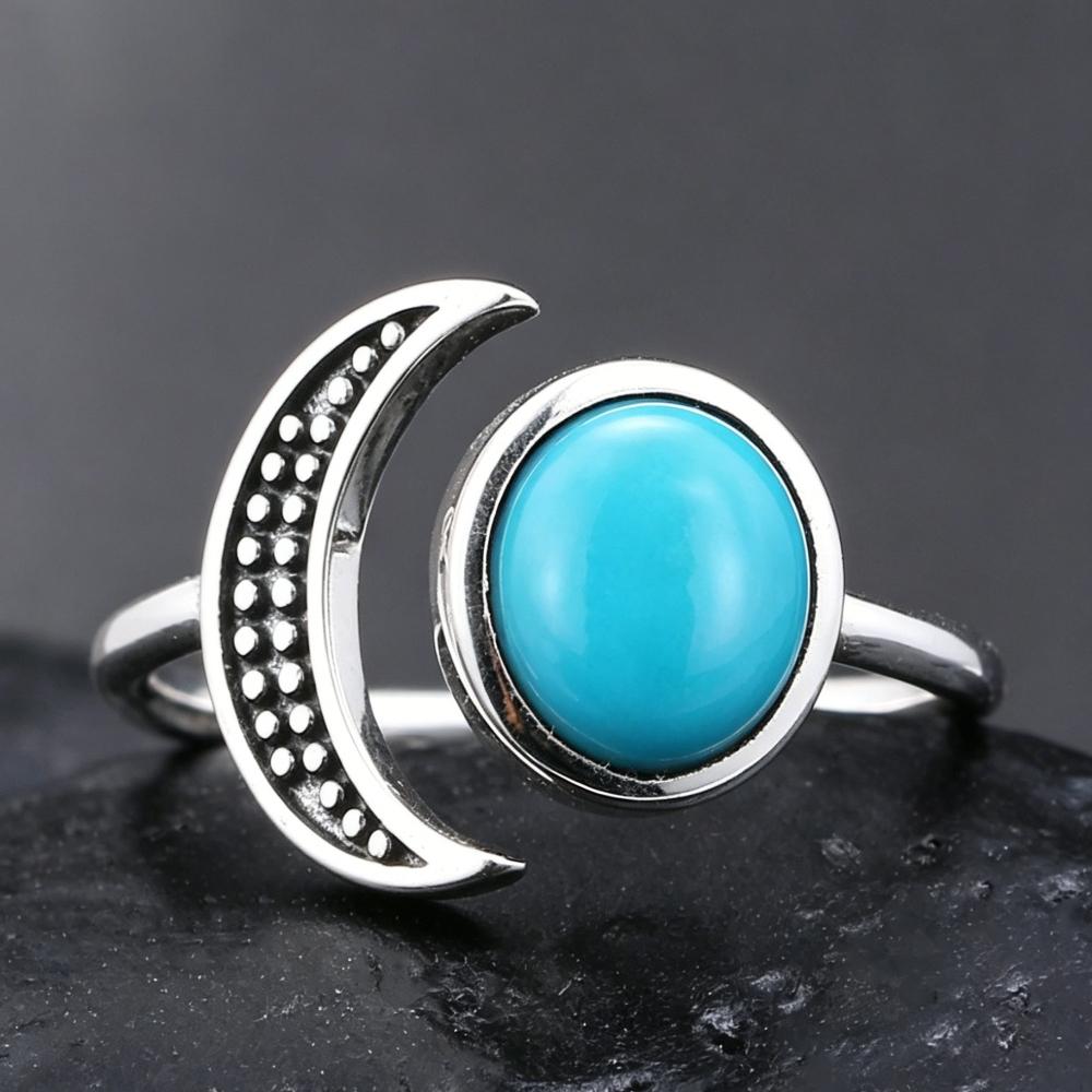 Moonstone CopperMoon Ring, Vintage Crescent & Starry Pattern Open Ring, Boho Women's Fashion Jewelry Cross-Border Gift