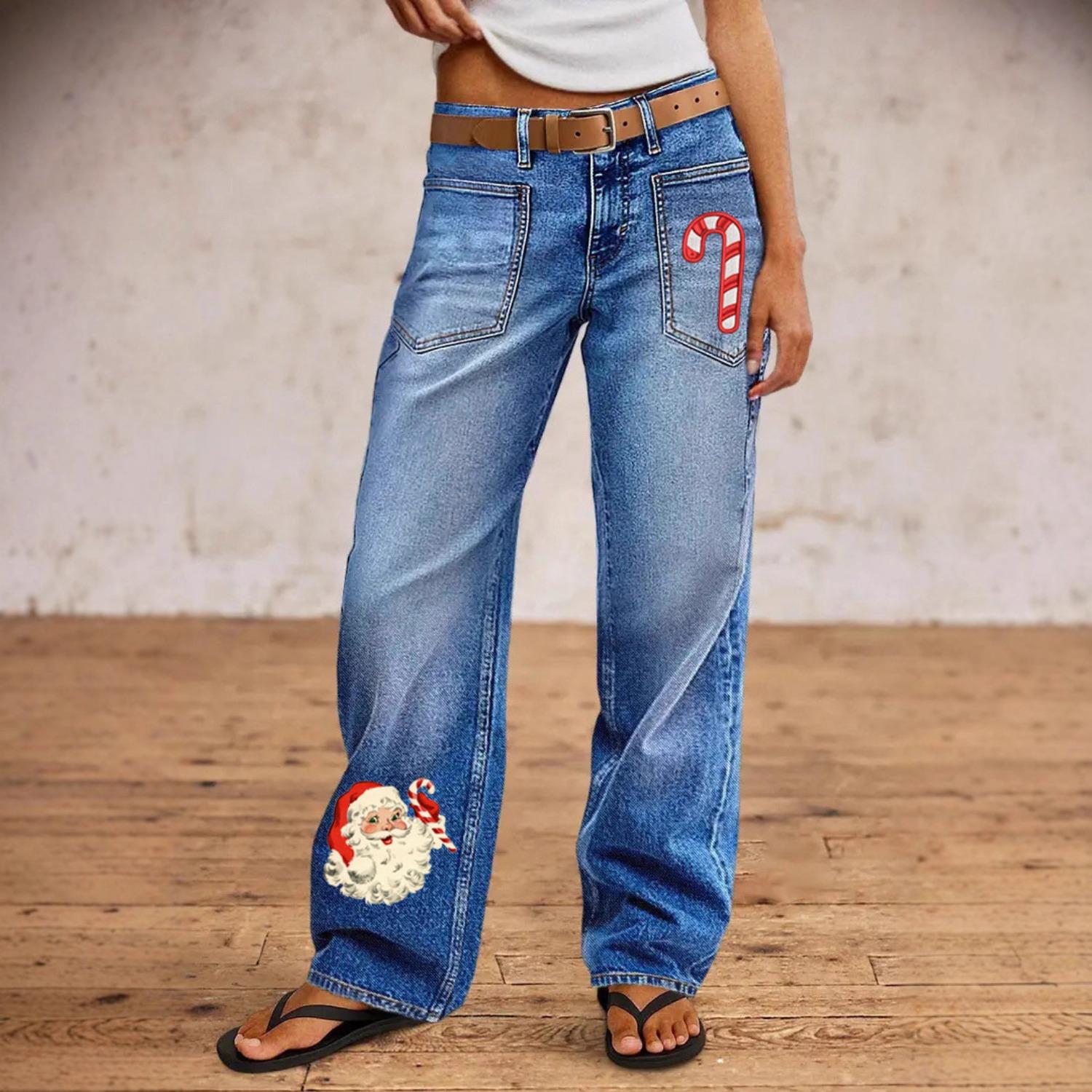 Women s Mid Waist Straight Leg Printed Jeans Casual Stretchy Denim Pants Christmas S