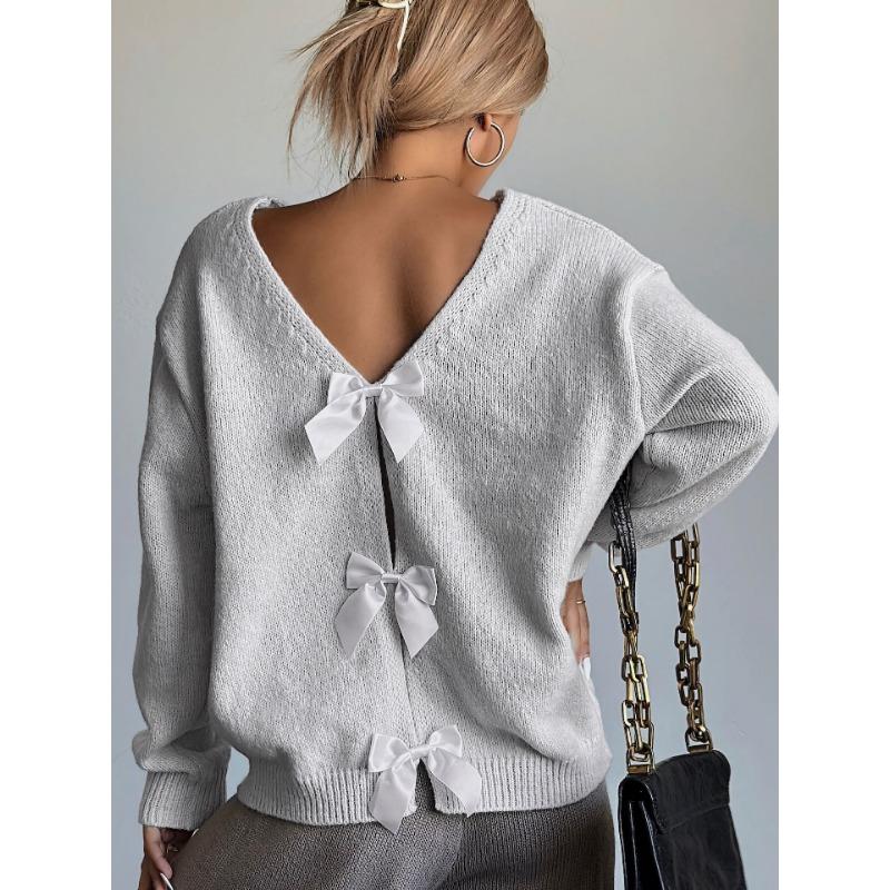 French Sweet Bow Decor Loose Long Sleeve Sweater Women S Fashion Knitwear