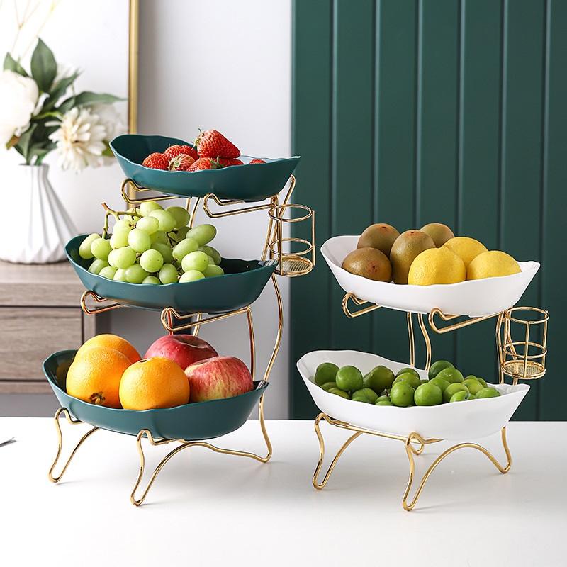 Nordic Creative Durable Plastic Fruit Plate With Wooden And Iron Stand Two Tier Three Tier Fruit Bowl For Living Room Modern Design