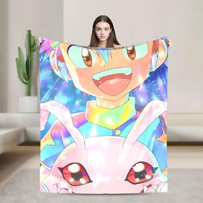 Soft Flannel Blanket for Airplane Travel Digimon Adventure Themed Throw for Sofa Bed or Living Room Comfort