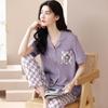 New pajamas women's summer short-sleeved trousers 100% pure cotton thin women's casual lapel mother loungewear set summer