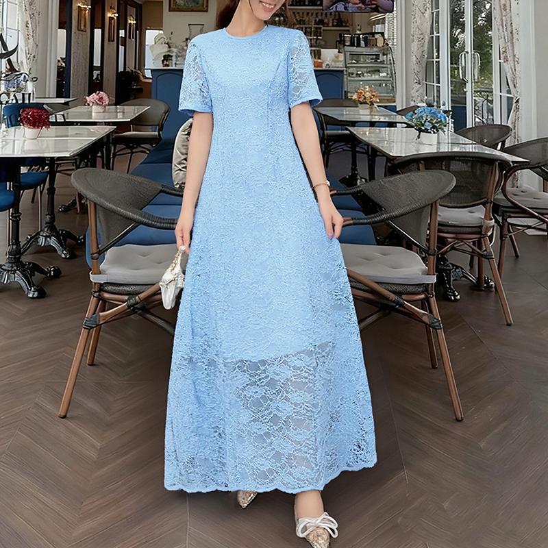 

ZANZEA Women Round Neck Short Sleeve Casual Patchwork Lace Long Dress 2XL