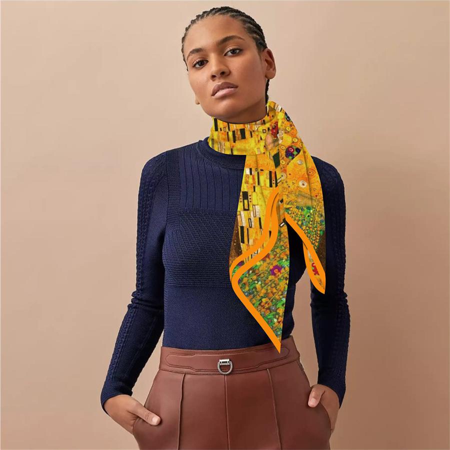 Silk Scarf Women Klimt Kiss Print Square Scarves Head Echarpes Silk Foulards Femme Wraps Beach Shawls Bandana Lady Hijabs 90CM