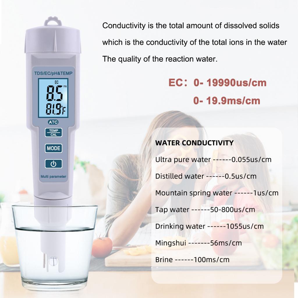 Digital PH Meter Tester 4 in 1 TDS EC Temp High Accuracy Pen Type Tester Water Quality Tester Fit for Pools Lab Drinking