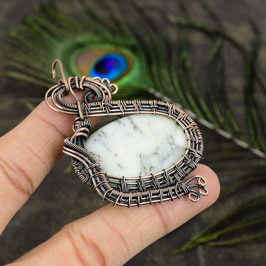 Natural Dendrite Opal Gemstone Handmade Copper Wire Wrap Pendant 2.84" g4F16