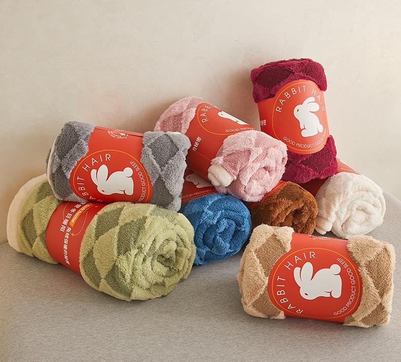 Teddy Velvet and Rabbit Fur Blend Jacquard Double-Layer Blanket
