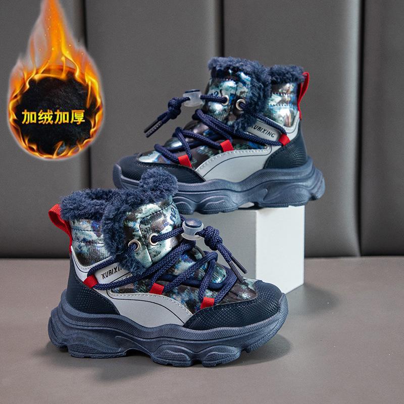 Girls velvet sneakers children's winter cotton shoes 2025 new boys snow boots medium and older children's thickened cotton boots