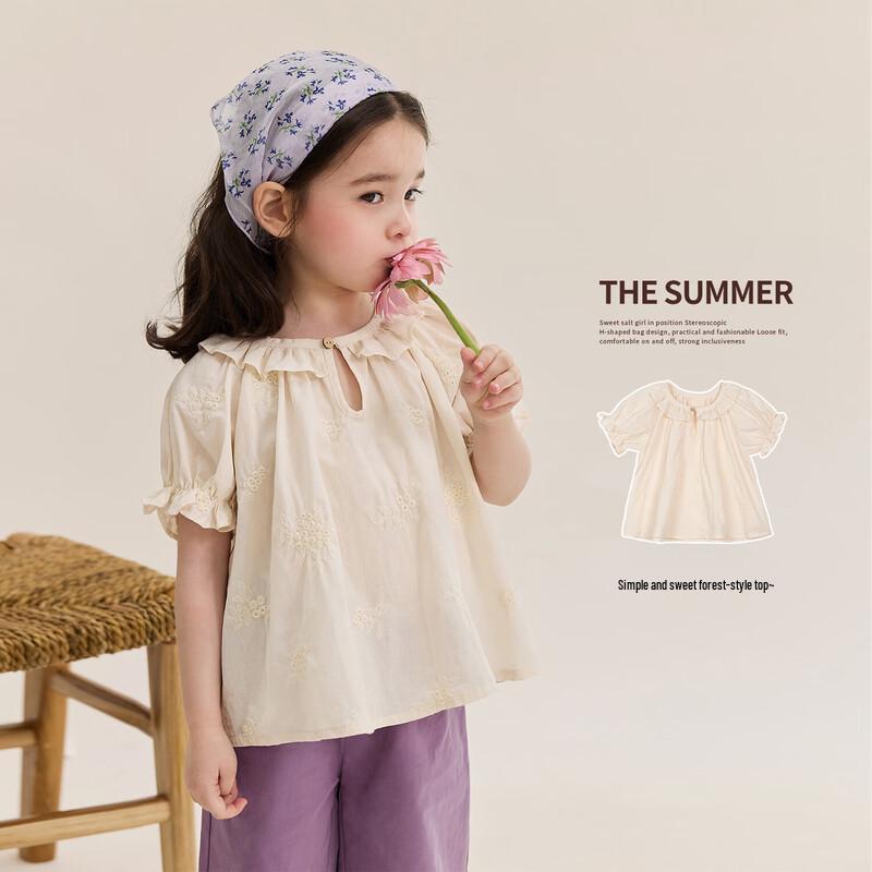 LUSON Girls  Ruffle Embroidered Short-Sleeve Blouse 120