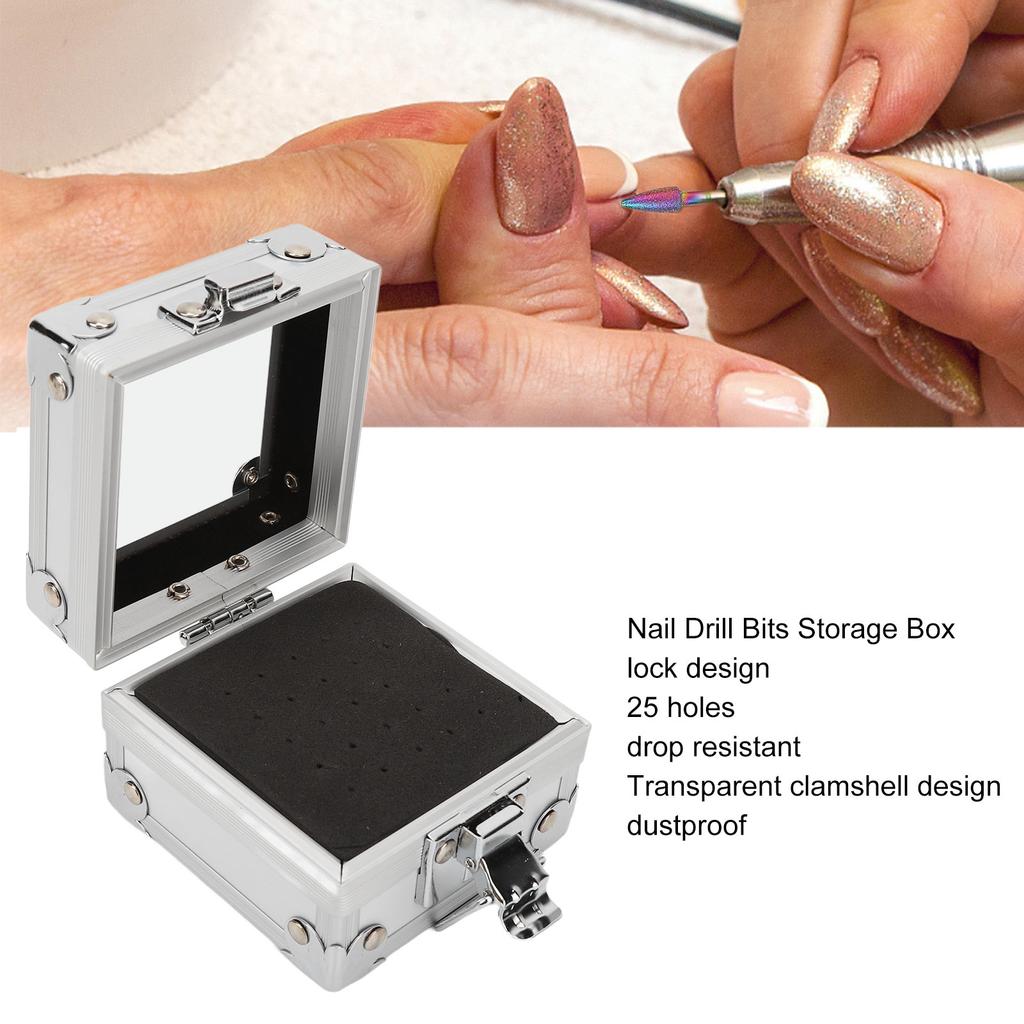 Nail Drill Bits Storage Box 25 Holes Transparent Clamshell Lock Design Dustproof Nail Drill Bits Desktop Container