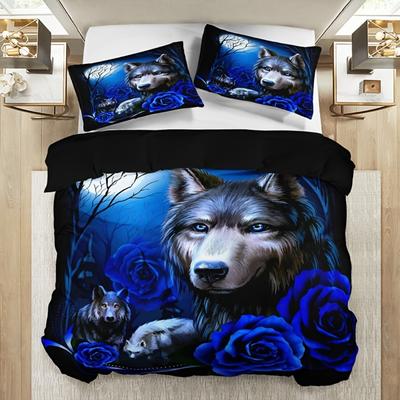 3-teiliges Mode-Bettwäsche-Set Wolf Blau Rose Digitaldruck Bequeme Atmungsaktive Bettbezug King Queen Twin Einzelgröße für Geschenk