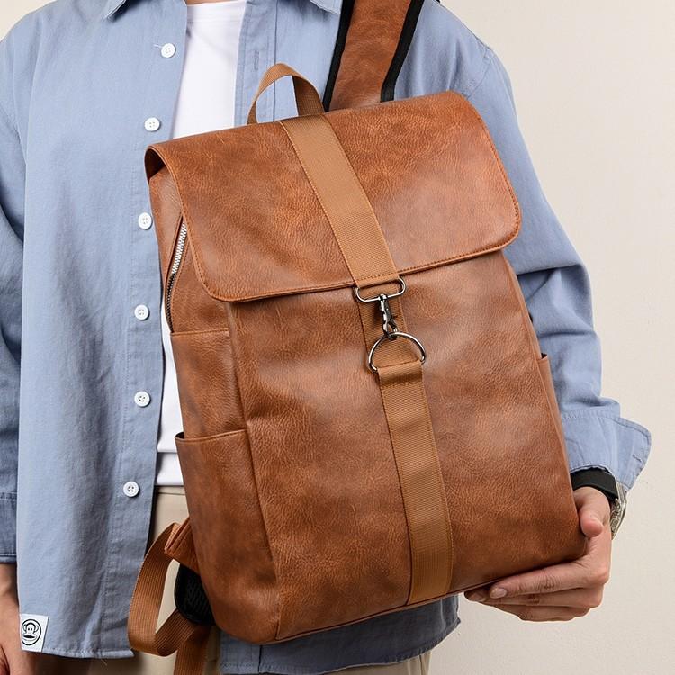 Schoolbag Retro Backpack Male PU Leather Backpack Female College Student Simple School Bag Campus Computer Bag Large Capacity Travel Bag