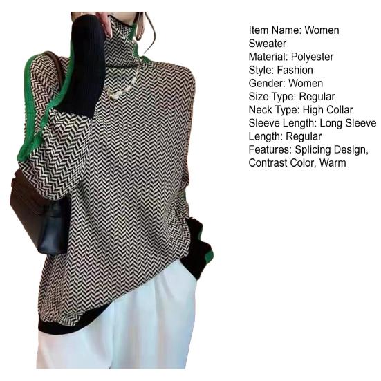 Ženy Podzim Zima Kontrastní barva Svetr Vysoký límec Dlouhý rukáv Sestřihy Design Pletené topy Silný teplý svetr