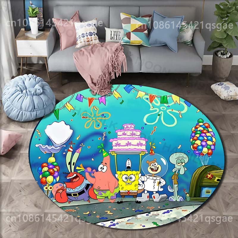 Cartoon SpongeBob Schwammkopf Druck Runder Teppich für Wohnzimmer Schlafzimmer Tisch und Stuhl Sofa Heimdekoration Bereichsteppich Luxuriöses Geschenk