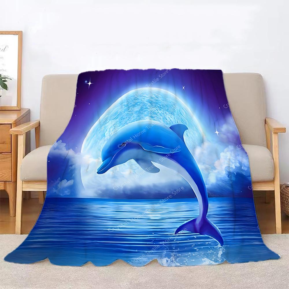 Dolphins Under The Moonlight Flannel Blanket Soft Warm Throw Blanket Lunch Break Blanket For Couch Sofa Office Bed Camping Trave