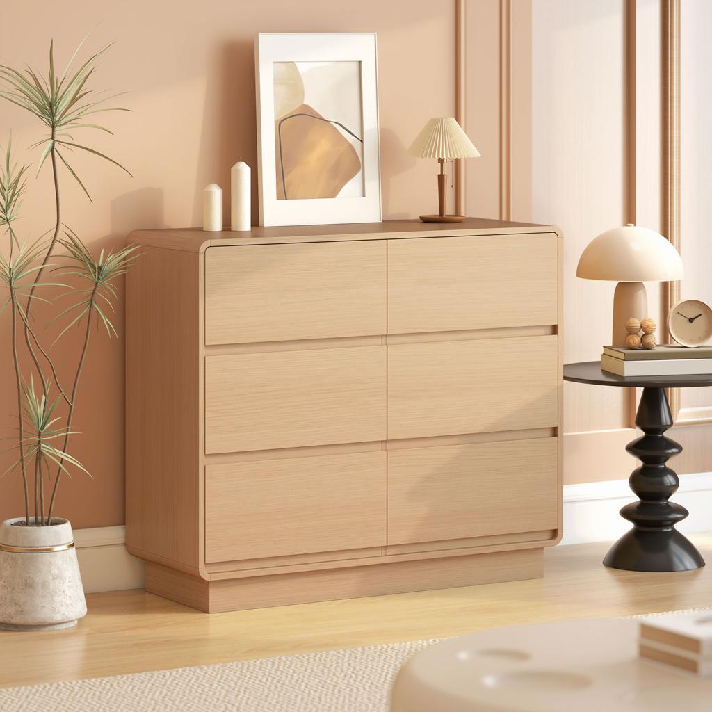 100 cm Sideboard, Buffet Cabinet with 6 Drawers, Chest of Drawers for Kitchen, Living Room, Dining Room, Natural Wood