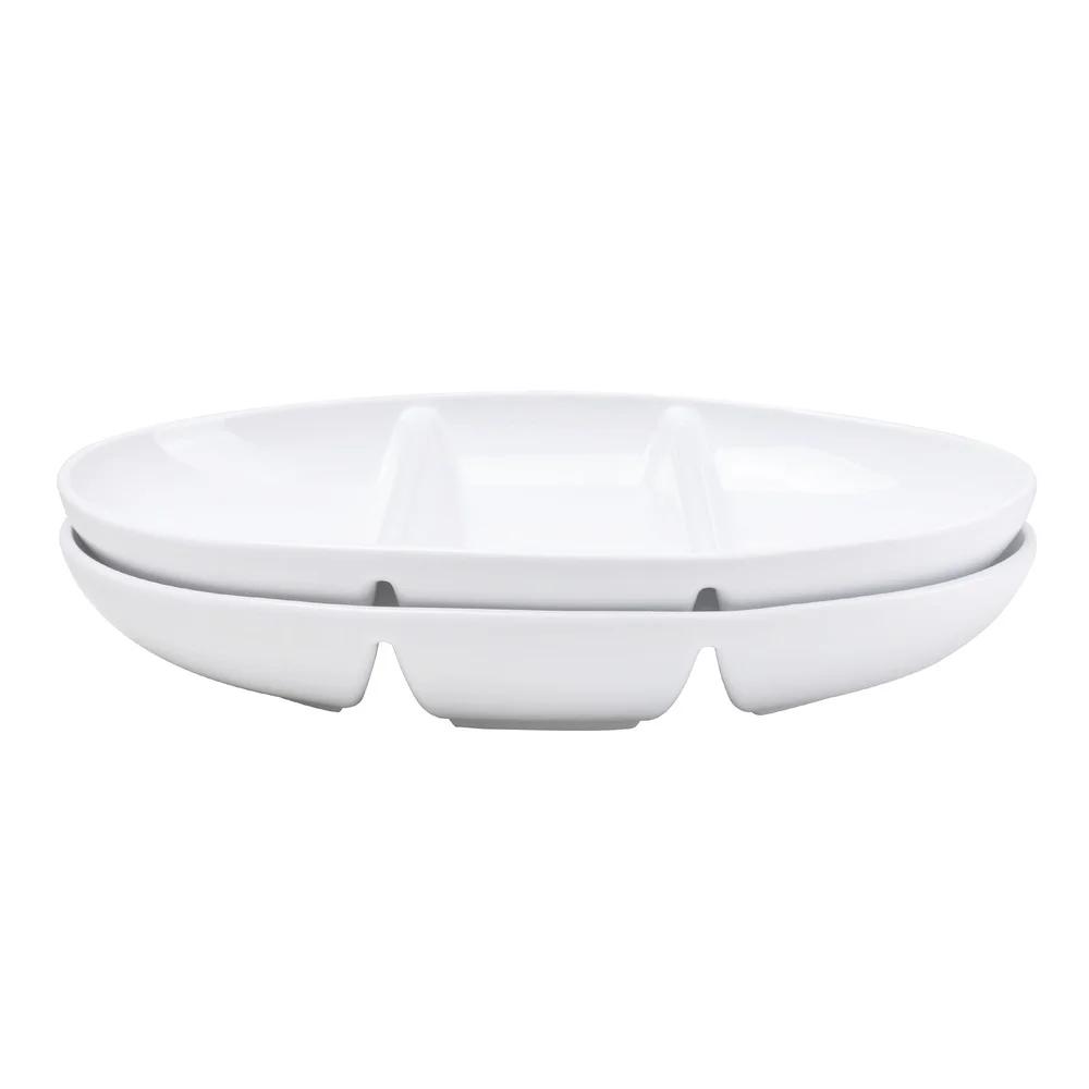 Porcelain Oval Three Compartment Divided Bowl Microwave Dishwasher Safe Stackable Serving Dish Snacks Salads Soups Fruits