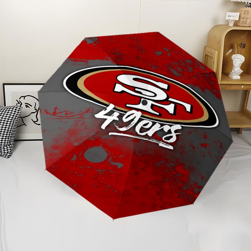 San Francisco 49ers LOGO Print Automatic Umbrella, 8 Rib Iron Frame, Plastic Handle, Suitable for Outdoor Travel &Daily , Ideal Gift