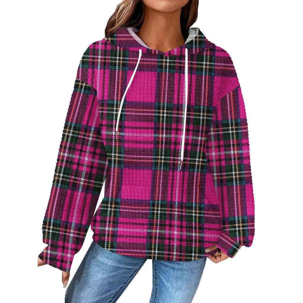 Women's Fashion Loose Hooded Pullover Long Sleeve Plaid Sweatshirt with Drawstring Drop Shoulder and Pocket Print Top