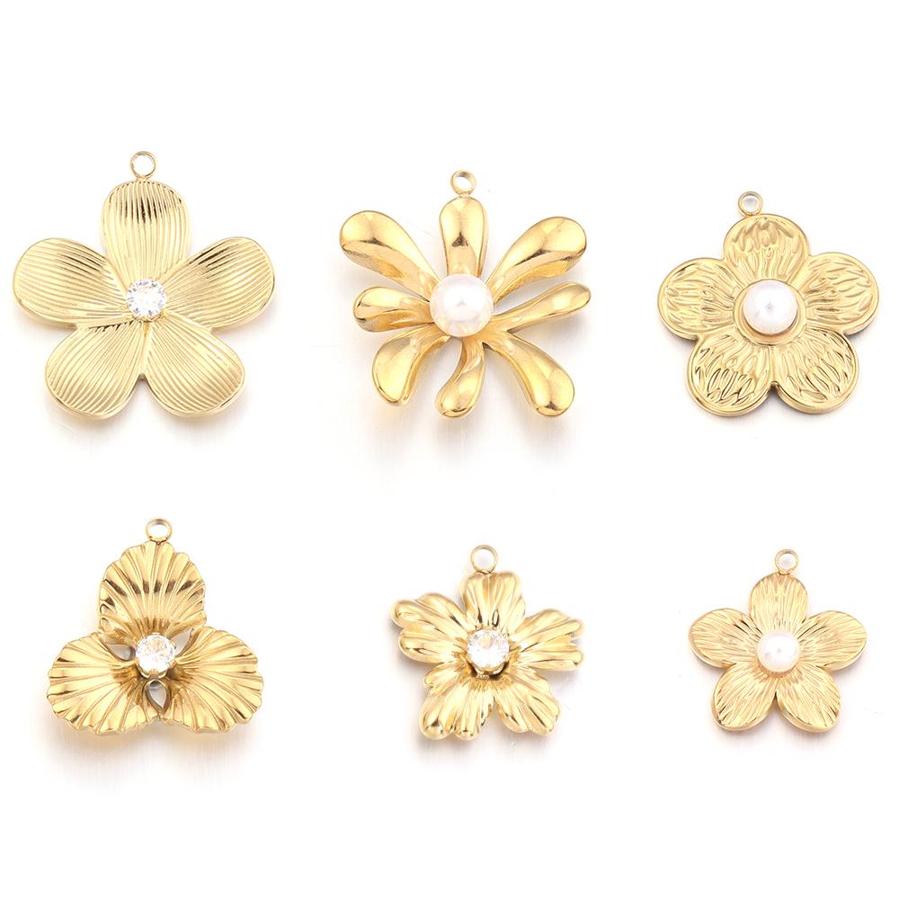 2Pcs Stainless Steel Pearl Flower Enamel Charms Exquisite Gold Color Pendant DIY Necklace Earrings Wedding Party Jewelry Finding