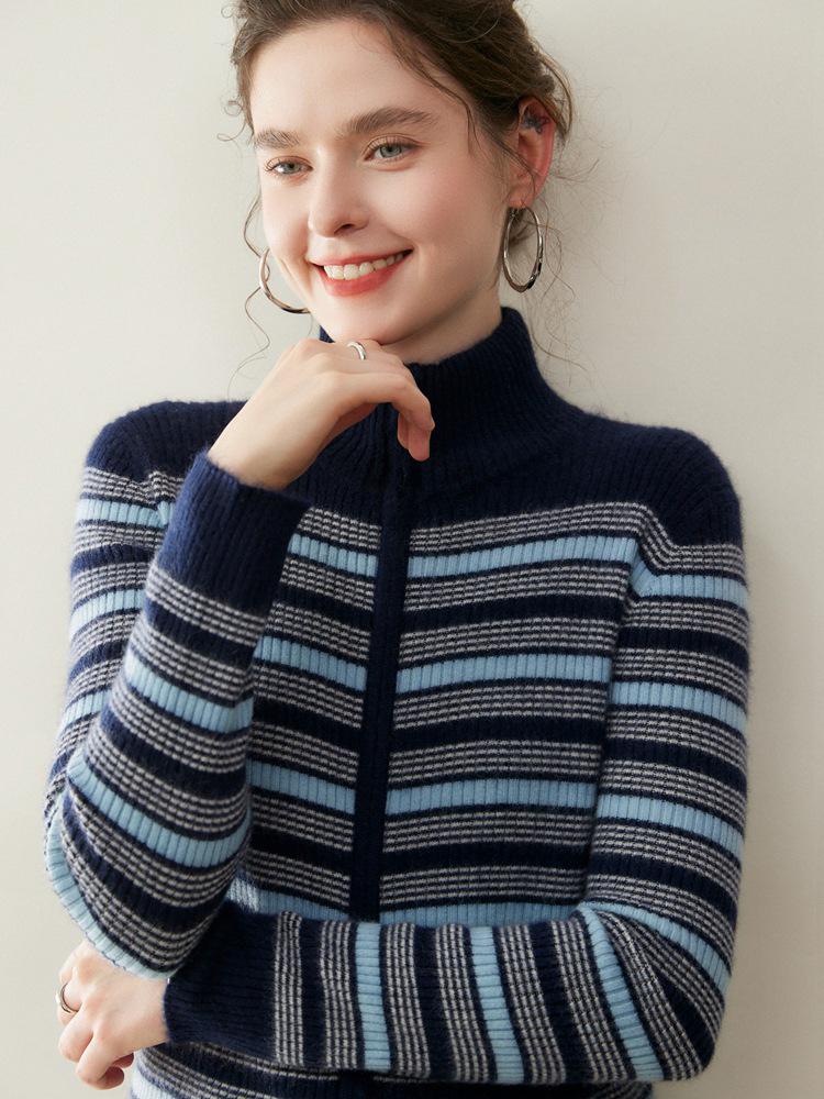 Kaschmir-Strickjacke mit Stehkragen: Bunter gestreifter Strickmantel mit langen Ärmeln für Herbst & Winter