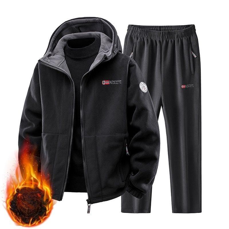 Autumn Winter Men Fleece Tracksuit Casual Set Joggers Hooded Sportswear Jackets + Pants 2 Piece Sets Hip Hop Running Sports Suit