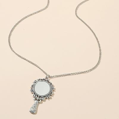 Vintage Carved Mirror Shaped Antique Copper Pendant, Long Sweater Chain, Fashionable Necklace For Women