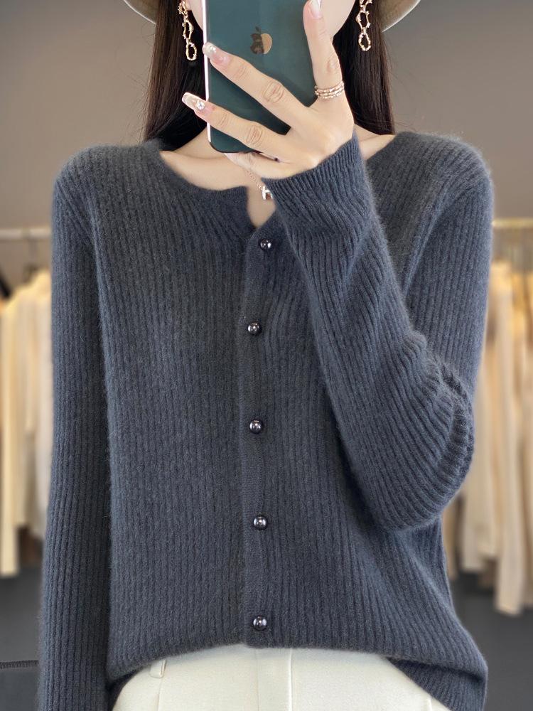 Women's Striped Wool Cardigan - New Autumn/Winter Style, Half-Open Collar, Short, Slimming Knit Cashmere Jacket