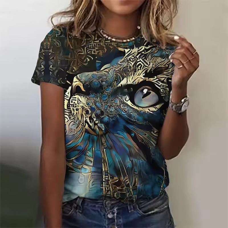 Summer Round Neck 3D Cat Pattern Print Top Fashionable Casual Short Sleeved Women's T-shirts