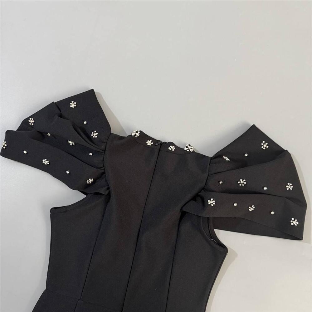 European-American Elegant Bandage Dress with Pleated Design and Rhinestone Accents