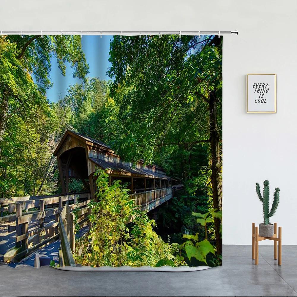 Spring Garden Landscape Shower Curtains Green Plants Flowers Creek Natural Scenery Bath Curtains Bathroom Decor With Hooks