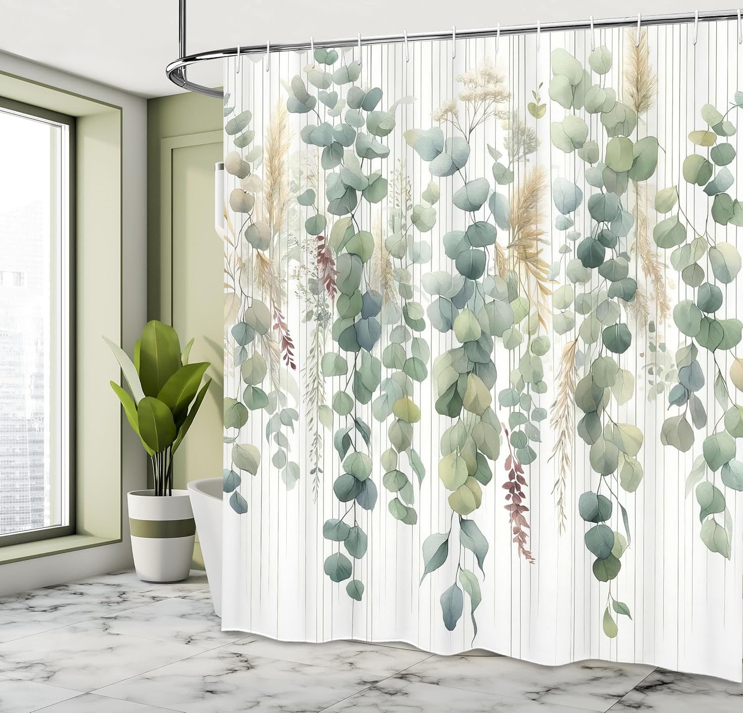 

Green Shower Curtain, Dreamy Eucalyptus Leaves Of Fantasy World On Plain Back Exotic Spring, Cloth Fabric Bathroom Dec W60H190(CM)-1 Pcs