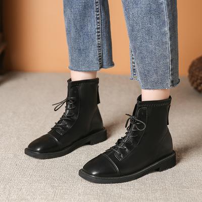 Hot Selling Solid Color British Short Boots Motorcycle Boots Autumn and Winter Lined Versatile Soft Leather Women's Boots