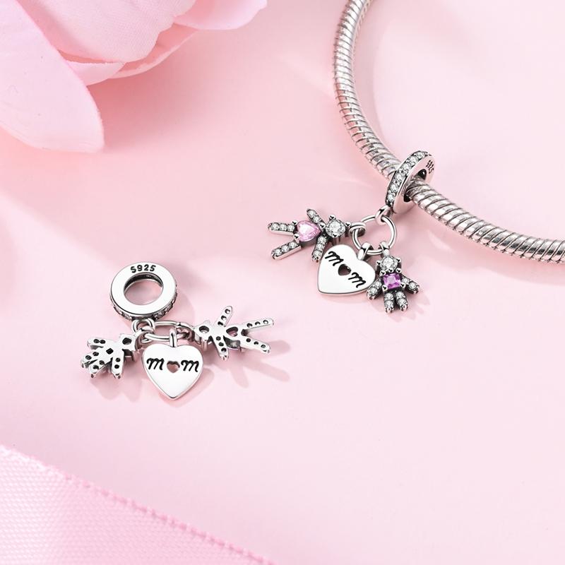 Charms Plata Parent-Child Heart-Shaped Pendants Beads Fit Original Bracelets Charms For Women Jewelry Diy Making Gifts