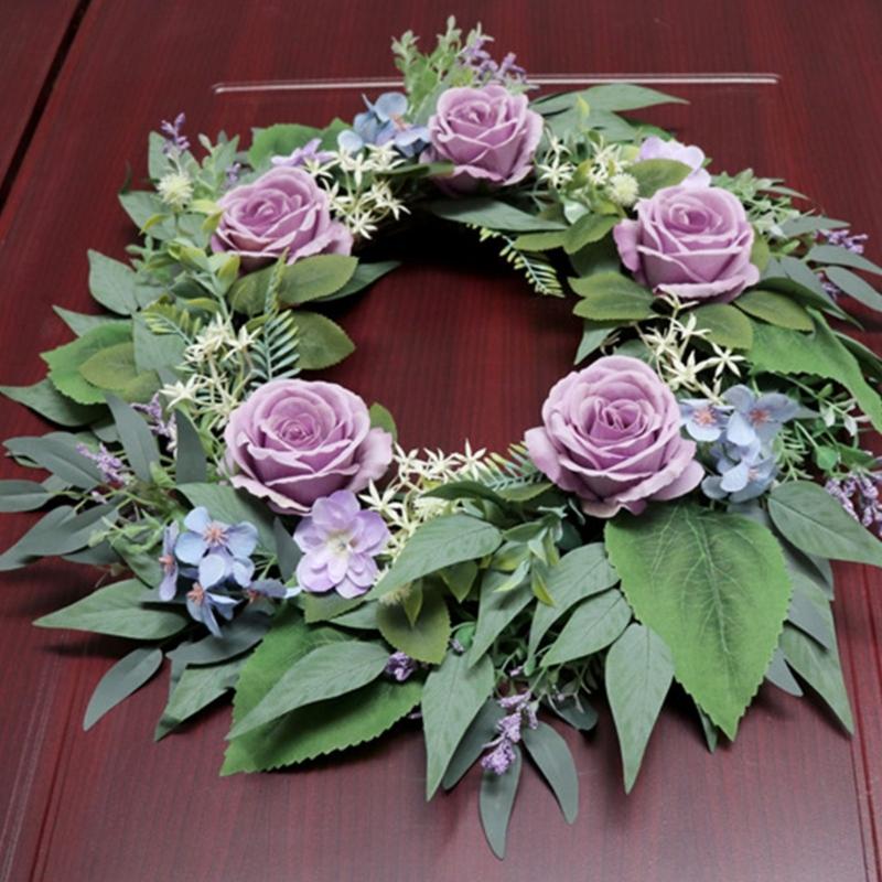 Artificial Flower with Leaf Realistic Purpler Rose Wreath Decoration for Door Window Hallway Farmhouses Wedding Wreath