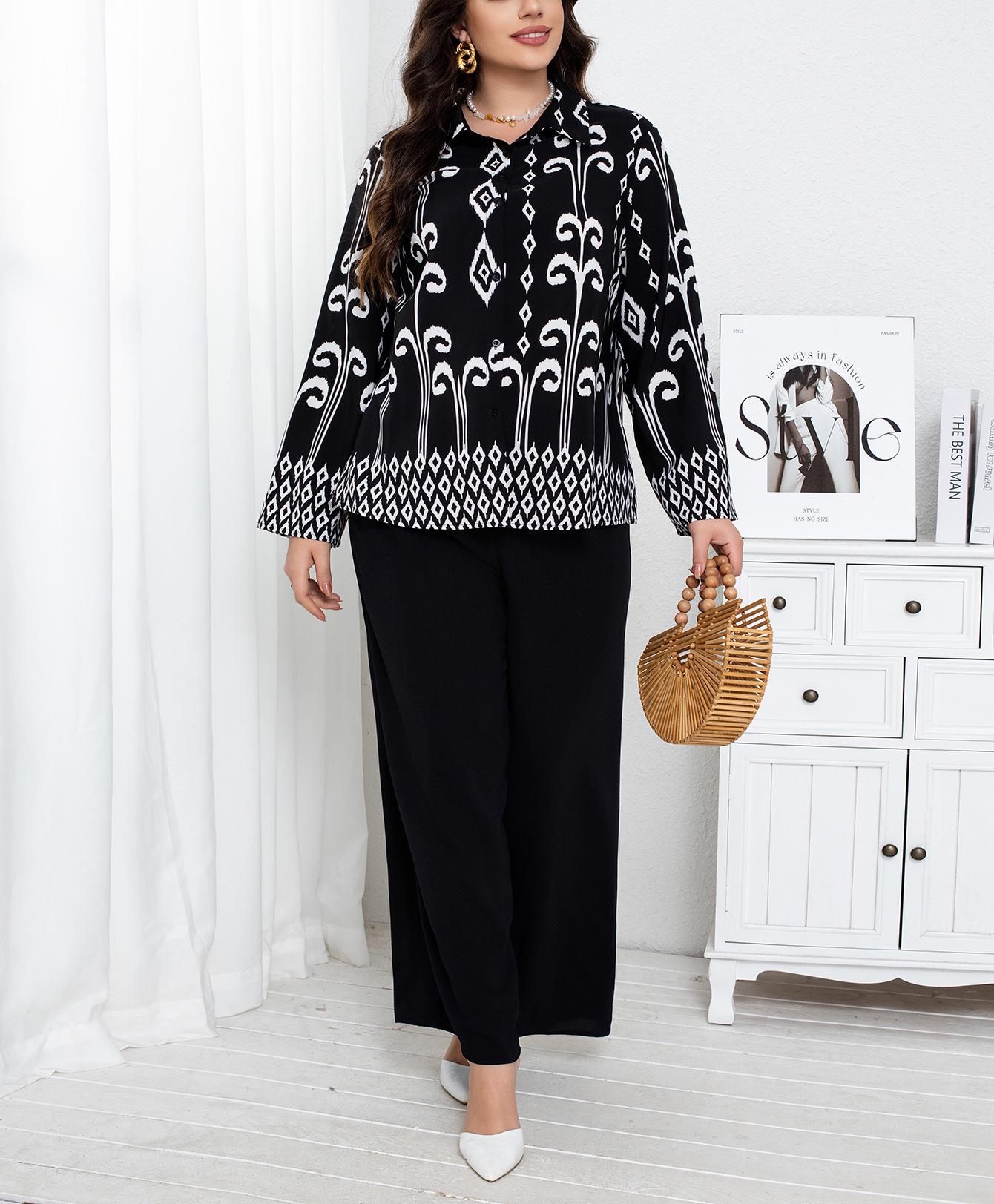 Retro Artistic Print Women s Plus Size Shirt Suit with Collar 4XL