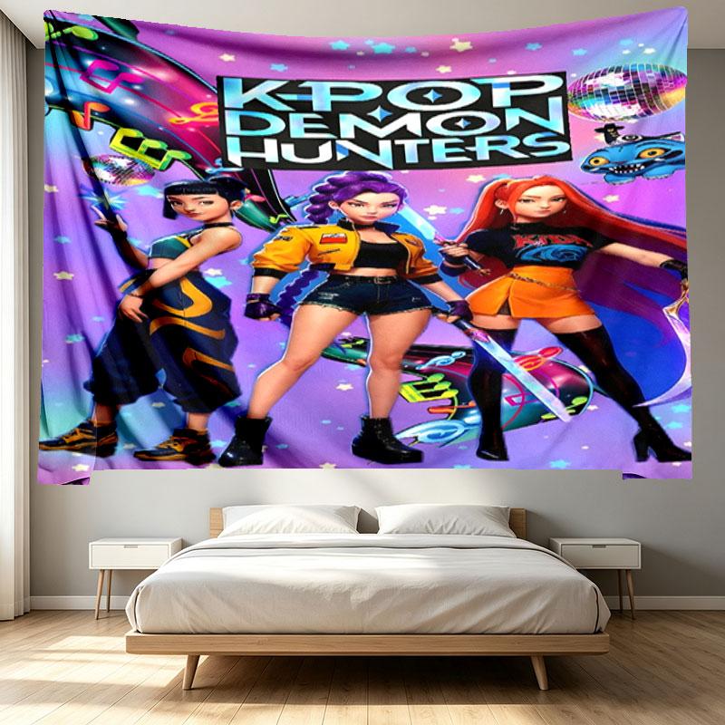 KPop Demon Hunters Print Tapestry - Portable Wall Decor Cloth, for Home, Dorm, Travel, Bedroom, Living Room - Ideal Birthday Housewarming Gift