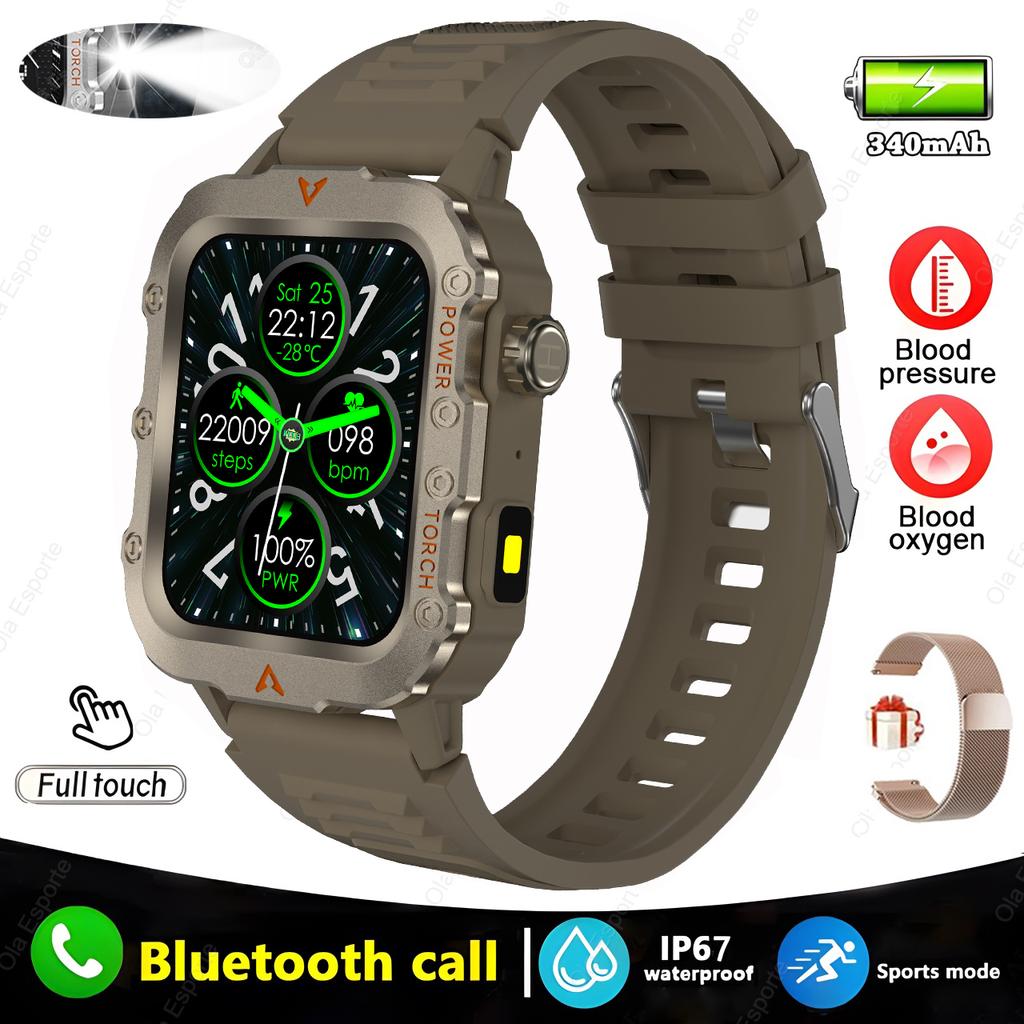 Outdoors Durable Men Sports Smart Watch Big Battery LED Flashlight IP69K Waterproof Bluetooth Call Military Smartwatch Hw12