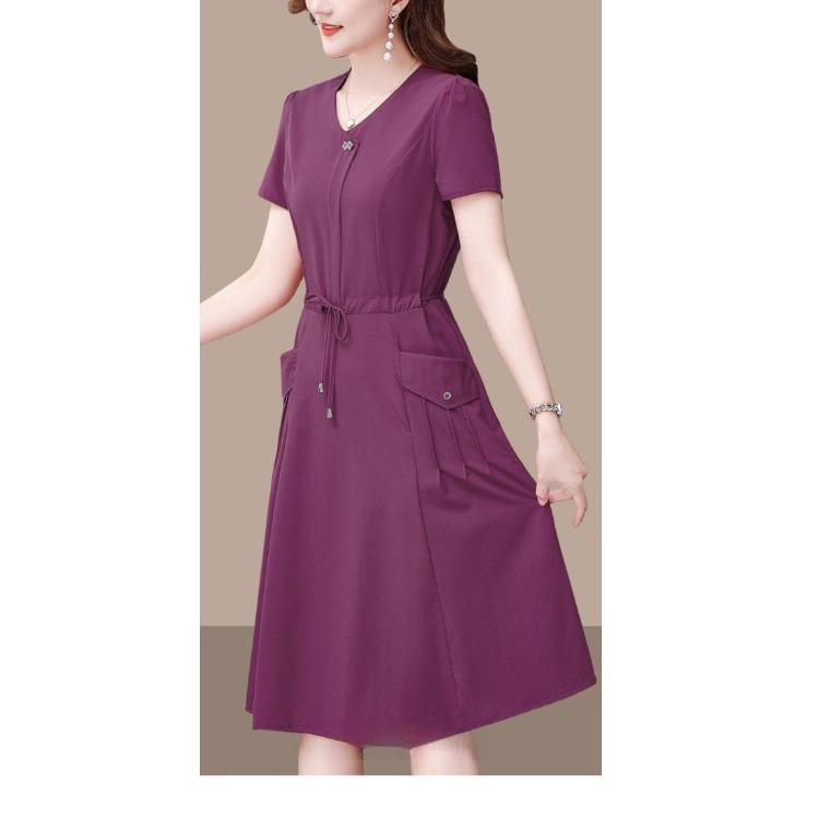 Fashion Summer Solid Color Short Sleeve Dress for Women Slim Fit Waist Cover Belly Elegant