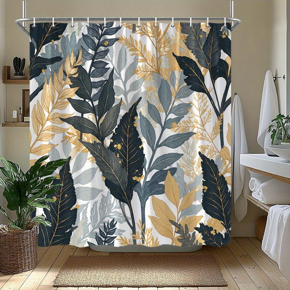 1pc Dark Green Shower Curtain with Gold Leaf Pattern, Made of Polyester Fabric, Machine Washable, Suitable for Bathroom Décor.