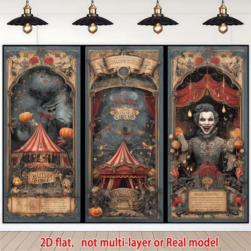 

2D Vintage Halloween Circus Backdrop Set Creepy Clown Skeleton Carnival Wall Art 47.2x31.5inch/120*80cm