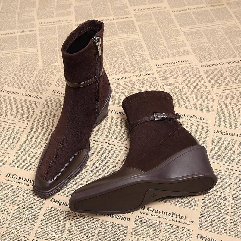 

Панельные ботильоны винтажные квадратный носок замшевые боковая молния мягкая подошва нескользящие износостойкие танкетка 40