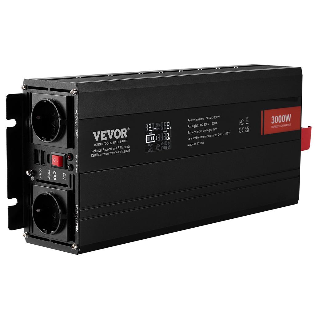 VEVOR Modified Sine Wave Inverter, 3000Watt, DC 12V To AC 230V LCD Display Power Inverter with 3 AC Outlets 2 USB Port 1 Type-C Port 10 Spare Fuses