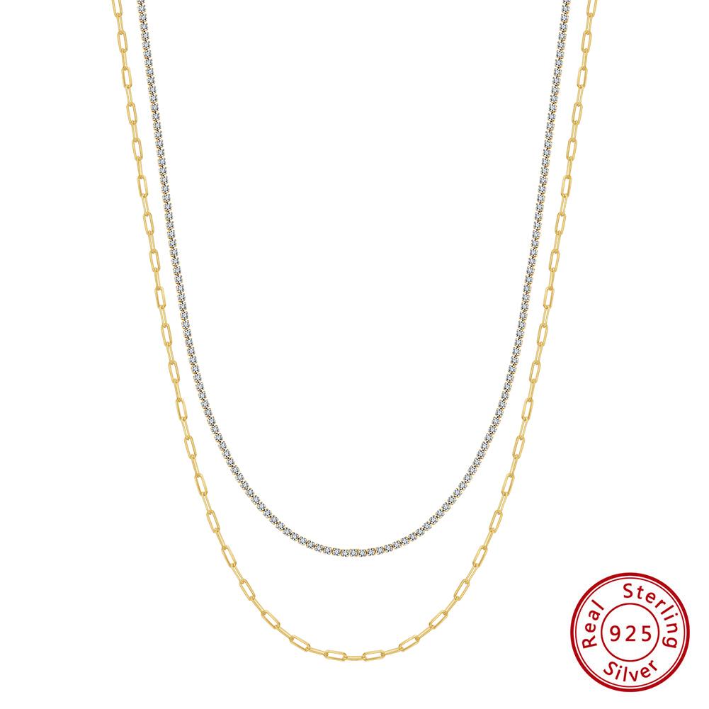 EFFIE QUEEN 925 Sterling Silver Tennis Layered Chain Necklace Simple Paperclip Stacked Chain Choker Trendy Accessories BQN48