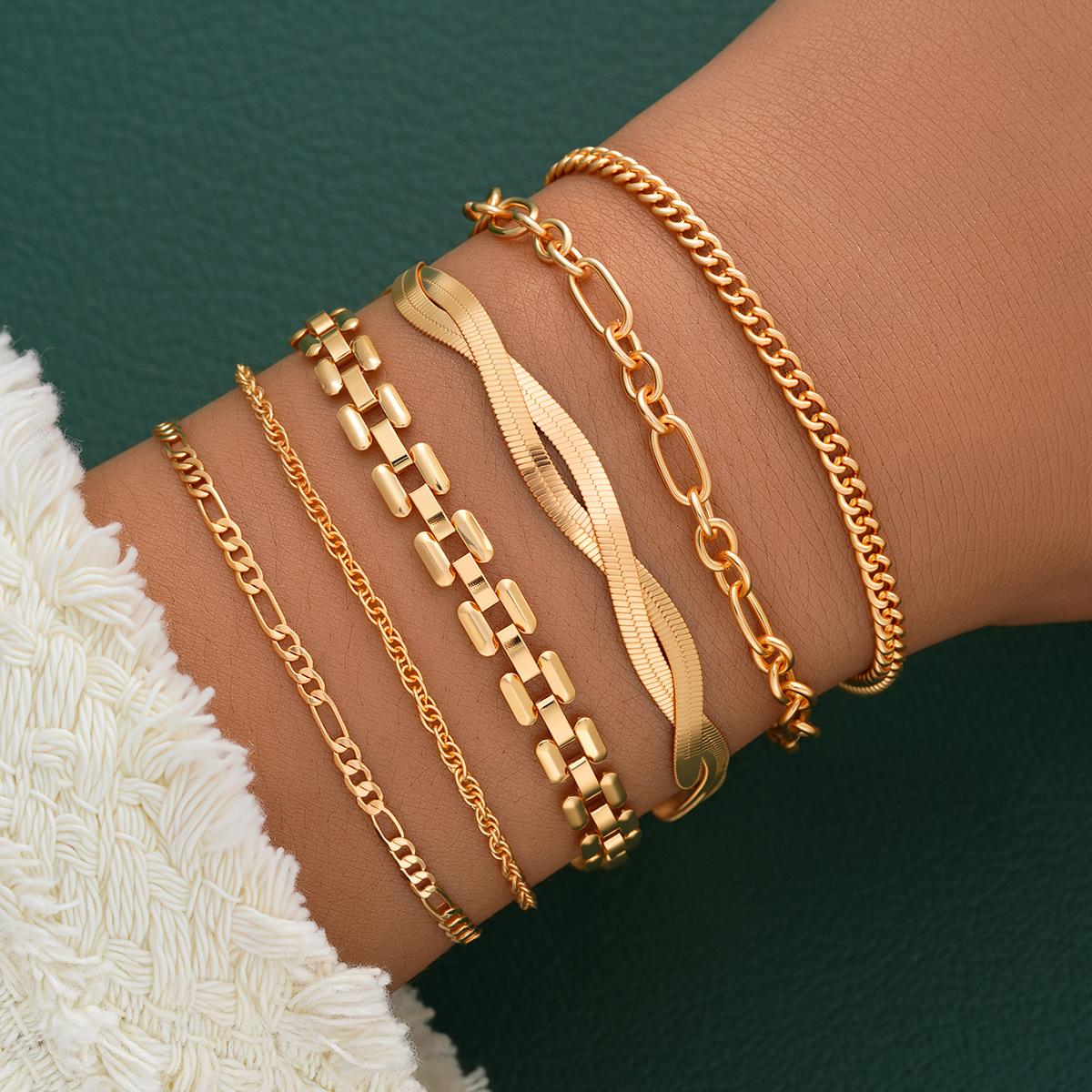 

6Pcs/Set Chunky Twisted Cuban Chain Bracelets for Women Simple Gold Color Metal Waterproof Bracelets Sets Fashion Jewelry Gifts