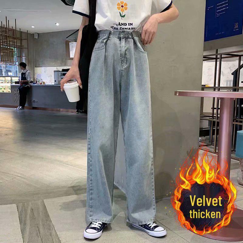 

Женские джинсы большого размера в стиле ретро с широкими штанинами и флисовой подкладкой для осени и зимы S синий