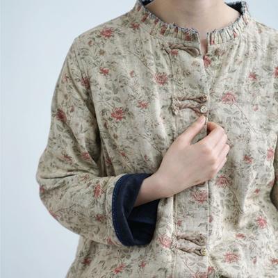 Women Vintage Print Floral Shirts Tops Stand Nine Sleeve Blouses Spring Button Shirts