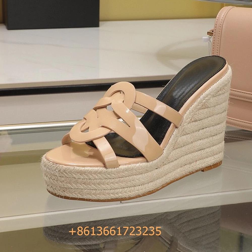 Fashion Corss Strap Patent Leather Platform Women Sandals Wedges Espadrilles Slip On Fashion Heels Open Toe 2025 Summer Newest Slides